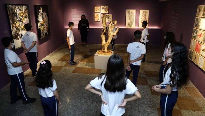 Grupo de crianças da Escola de Aplicação Yolanda Queiroz aprecia mostra de Sérgio Helle (Foto: Ares Soares)