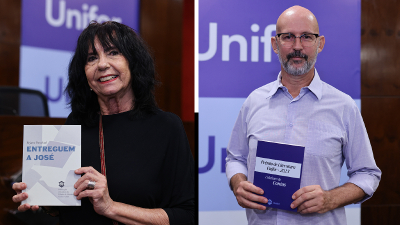 Vencedores do Prêmio de Literatura Unifor 2023 das categorias “Obra Inédita” e “Trabalhos Inéditos”, respectivamente (Foto: Ares Soares)