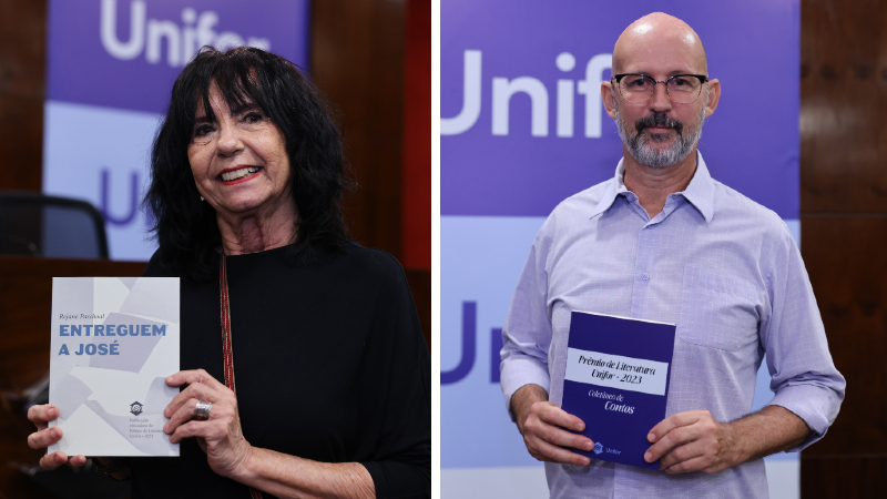 Vencedores do Prêmio de Literatura Unifor 2023 das categorias “Obra Inédita” e “Trabalhos Inéditos”, respectivamente (Foto: Ares Soares)