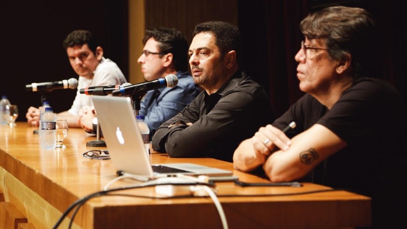 Pesquisadores Delano Lima, Wagner Borges e Carlos Bittencourt durante seminário de apresentação do Núcleo, em abril de 2019. (Foto: Fotonic)