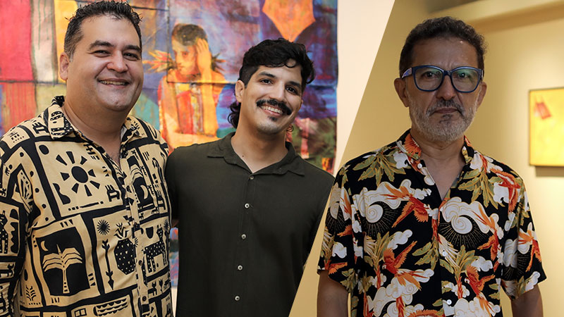 Da esquerda para a direita: Wilson Neto e Daniel Chastinet, idealizadores de “Macedônia”, e Mario Sanders, criador de “O Céu como Limite”, durante evento de lançamento das exposições no Espaço Cultural Unifor (Foto: Ares Soares)