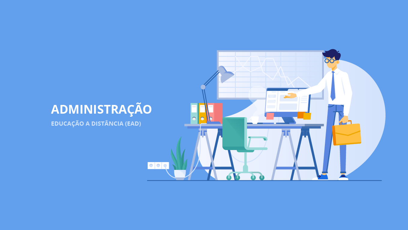 ilustração de homem apontando um cavalete com fundo azul
