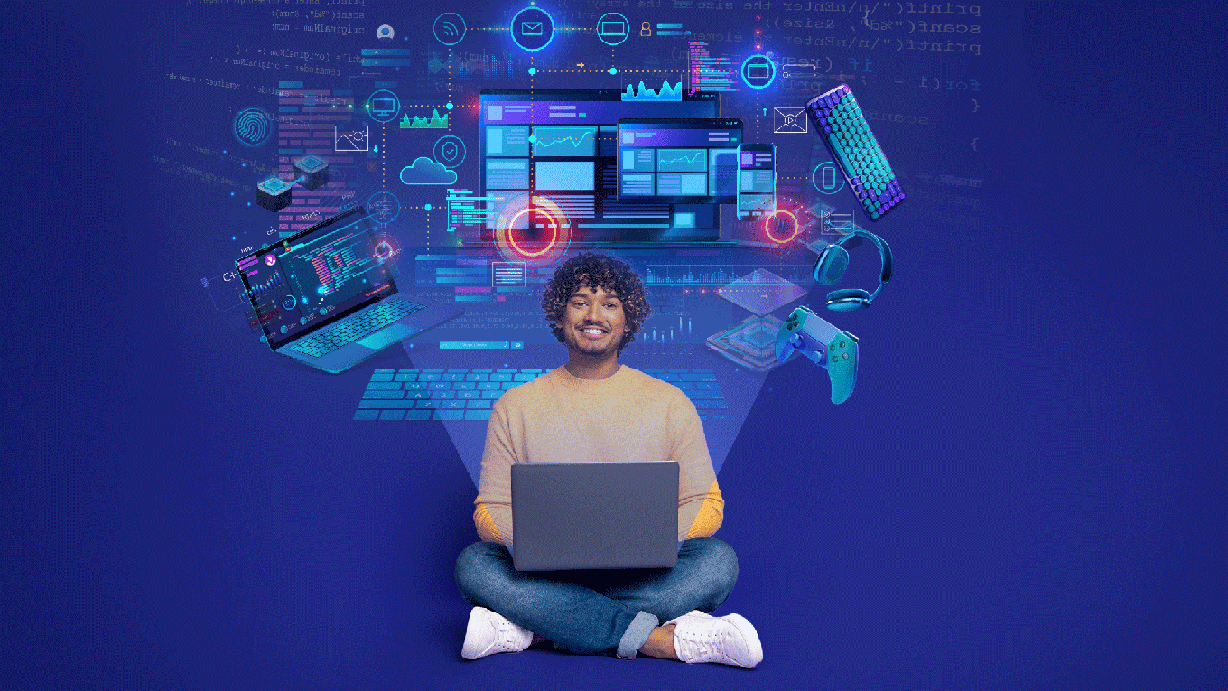 estudante acessando notebook em arte tecnológica moderna