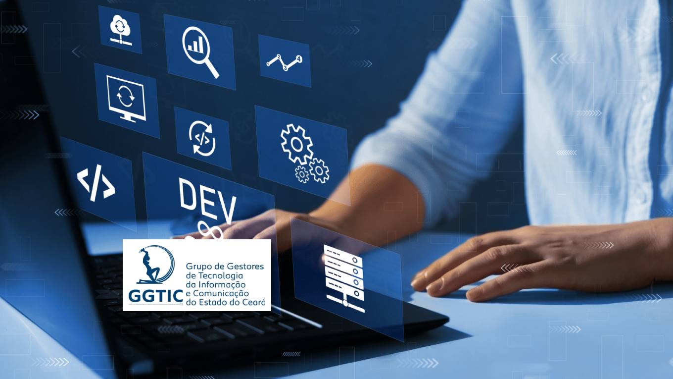 Programação ágil e conceito de DevOps. Engenheiro trabalhando em laptop com tela virtual.